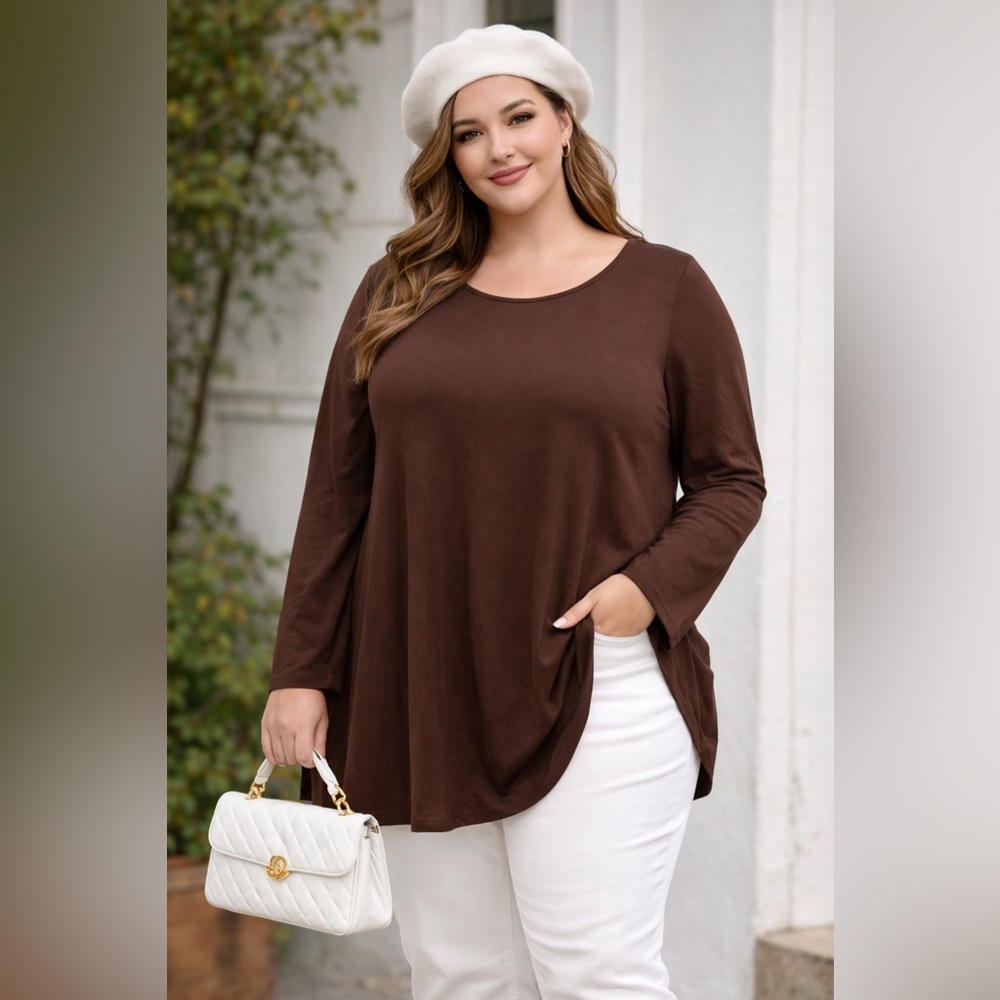 NWT 24/7 Comfort Apparel Brown Scoop Neck Long Sleeve Tunic Size 1X
